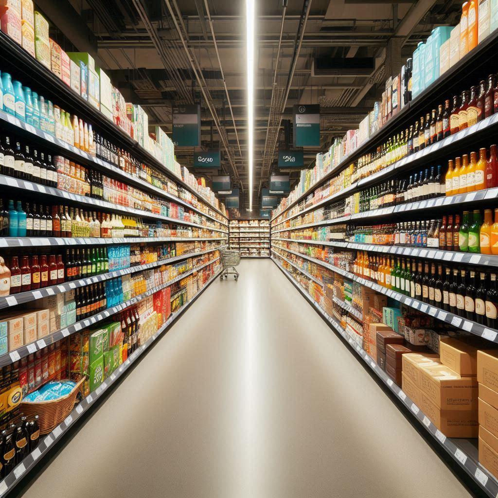 Aisle of a supermarket with shelves full of products on the right and left side